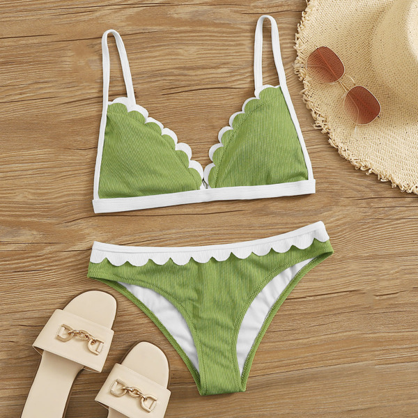 

Rib Scallop Trim Triangle Bikini Swimsuit, Green