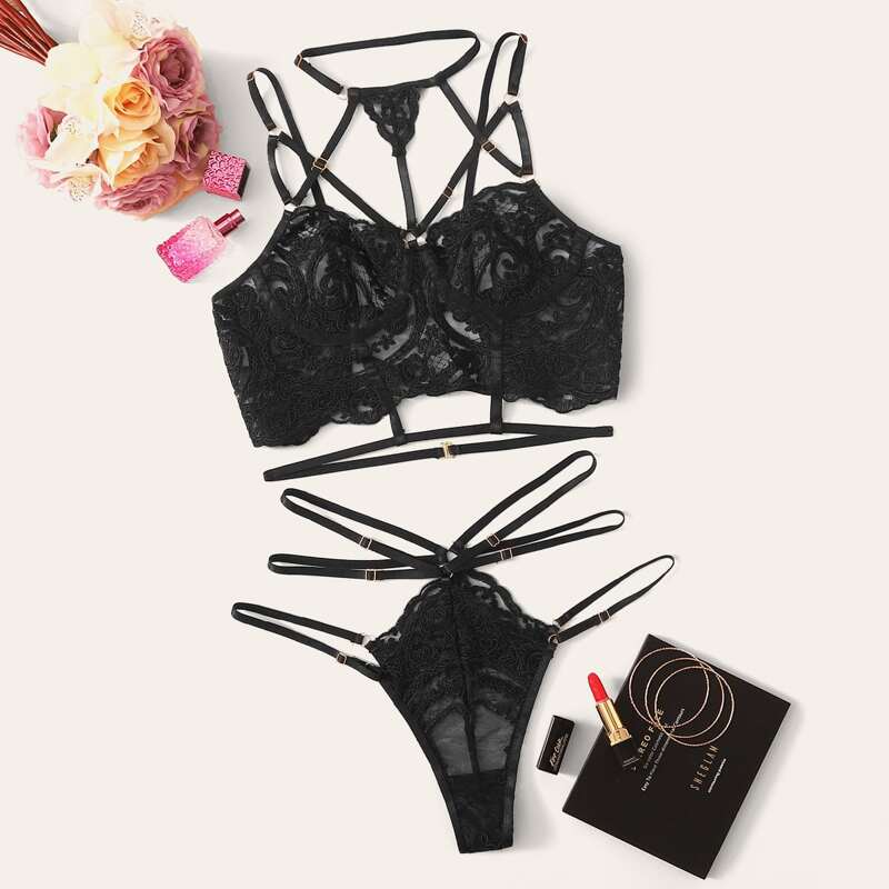 

Embroidered Mesh Underwire Choker Lingerie Set, Black