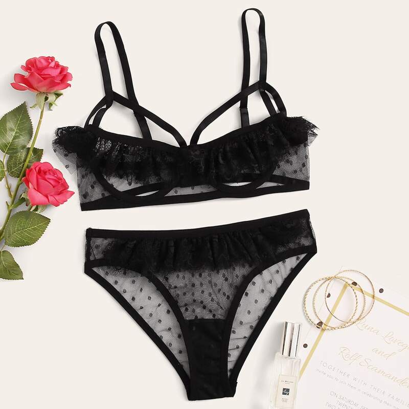 

Cut-out Polka Dot Mesh Lingerie Set, Black