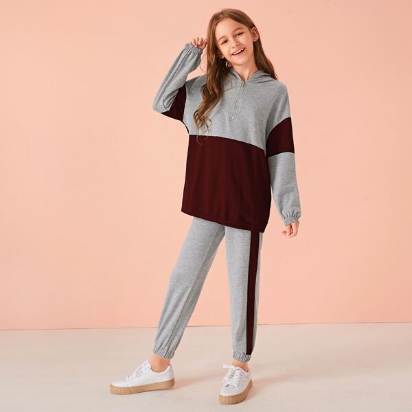 

Girls Zip Half Placket Colorblock Hoodie & Sweatpants Set, Multicolor