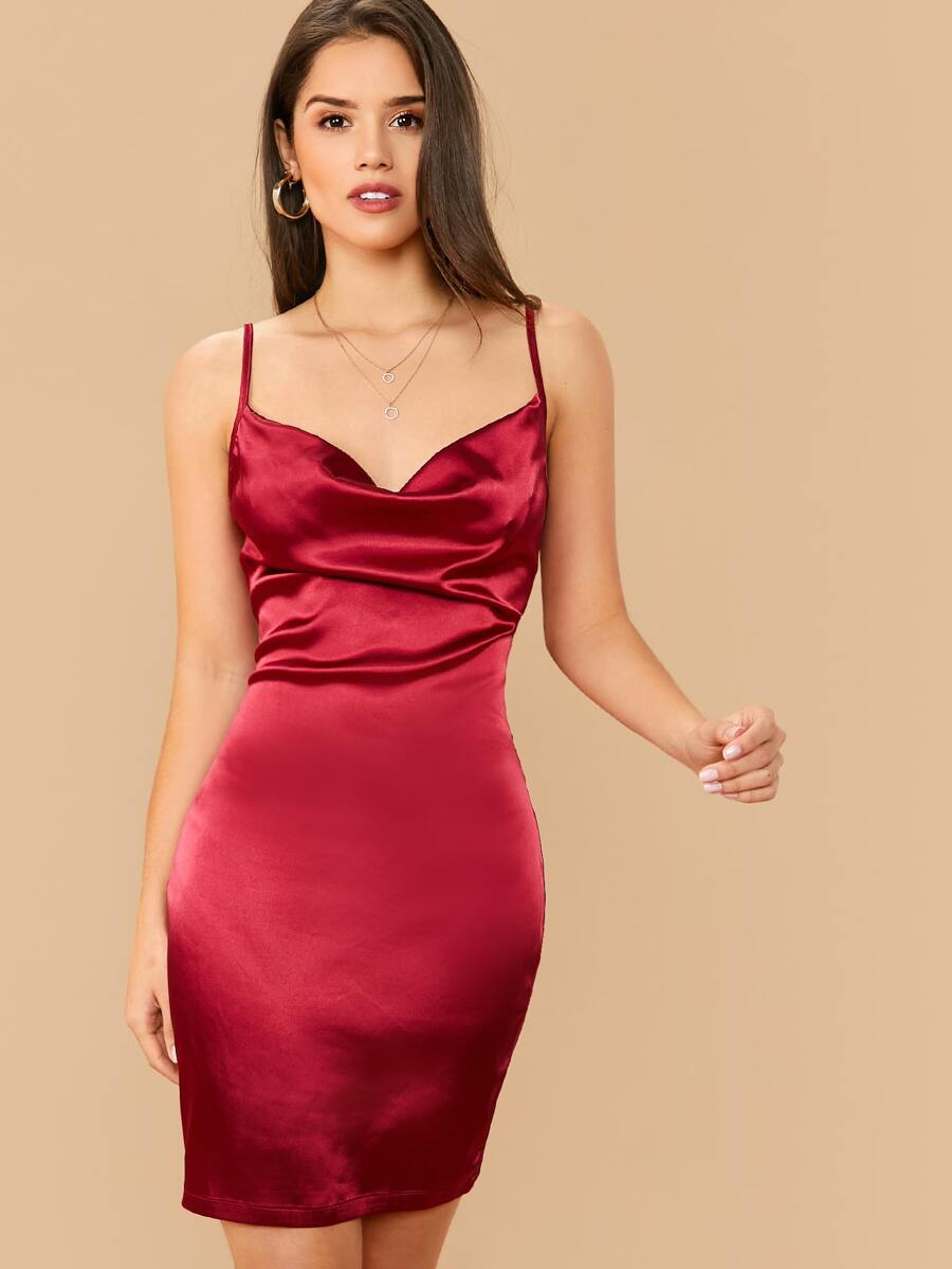 SHEIN Belle Cowl Neck Satin Cami Dress - Burgundy - View 1