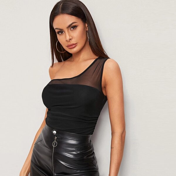 

One Shoulder Sheer Mesh Top, Black