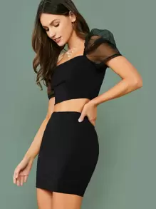 SHEIN Privé Conjunto top corto de manga farol de malla con falda - Negro - Ver 3