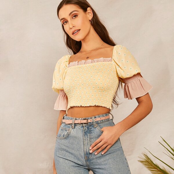

Ruffle Cuff Shirred Floral Print Crop Top, Yellow