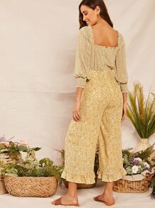 SHEIN 打褶燈籠袖荷葉邊下擺露肩寬管連身長褲 - 彩色 - 查看 2