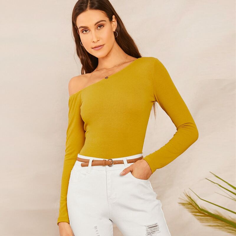 

Asymmetrical Neck Rib-knit Top, Yellow