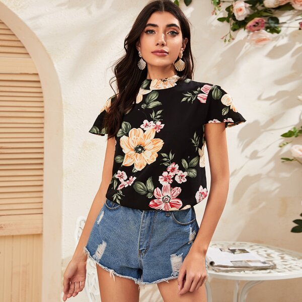 

Floral Print Mock Neck Blouse, Multicolor