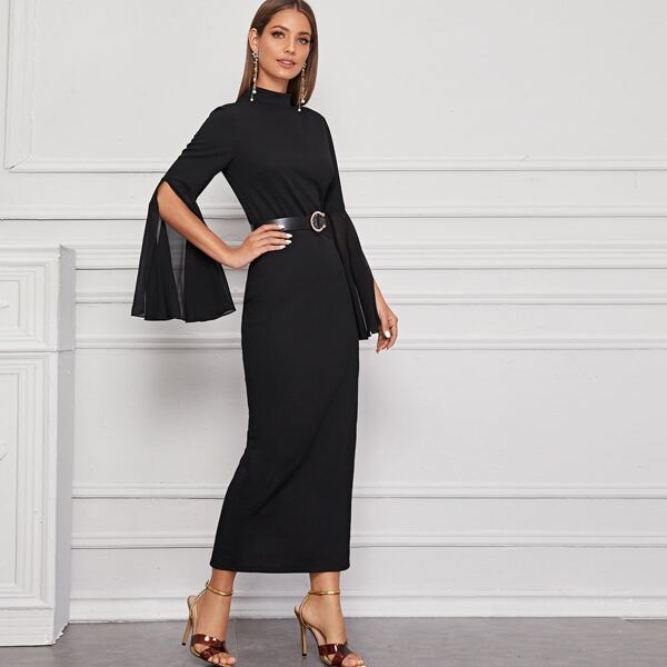 

Bell Sleeve Split Back Dress Without Belt, Black