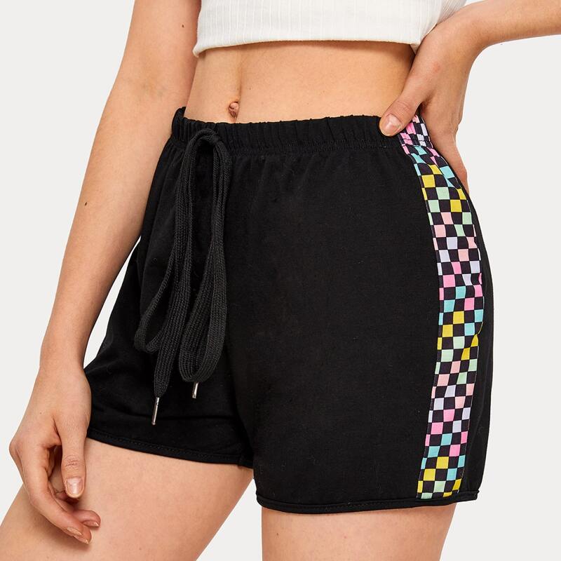 

Colorful Checker Print Side Drawstring Waist Shorts, Black