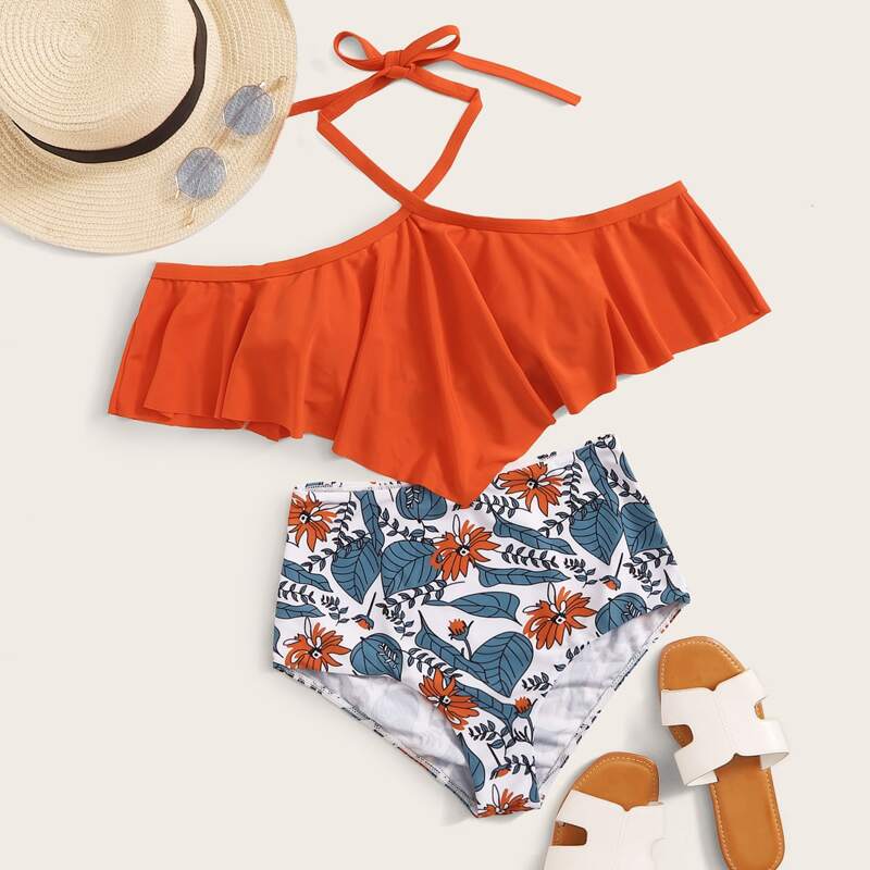 

Floral High Waisted Flounce Bikini Swimsuit, Multicolor
