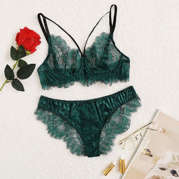 

Комплект кружевного нижнего белья на косточках, Зелёные