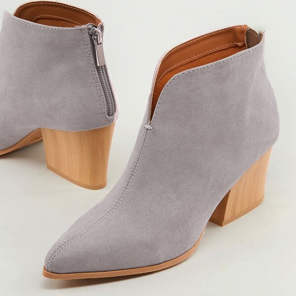 

Pointy Toe Block Wood Heel Detail Ankle Booties, Grey