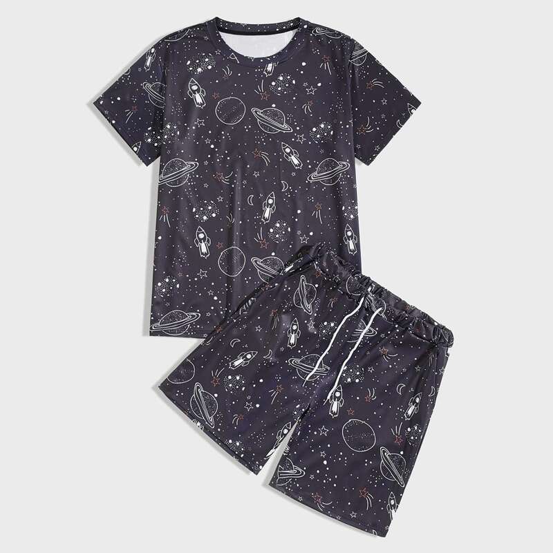 

Guys Galaxy Print Tee With Drawstring Shorts, Black