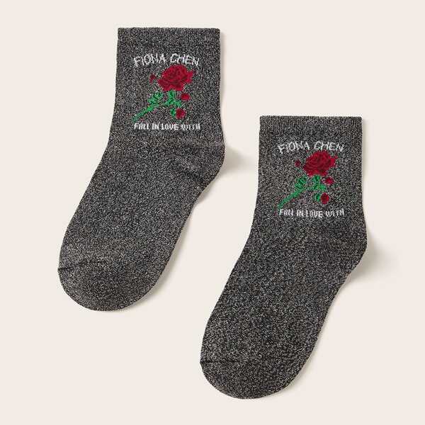 

1pair Flower & Letter Graphic Socks, Grey