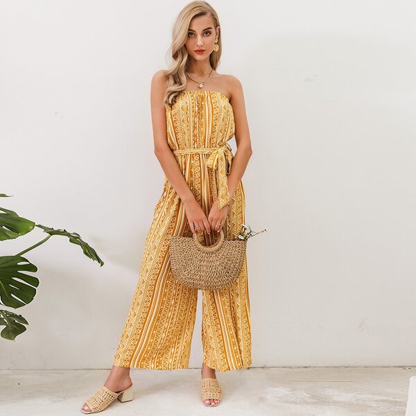 

Simplee Geo Print Wide Leg Self Belted Tube Jumpsuit, Yellow