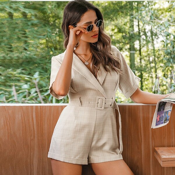 

Rolled Up Sleeve and Hem Buckle Belted Shirt Romper, Beige