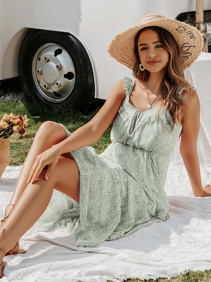 Simplee Tie Neck Frill Trim Belted Ditsy Floral Cami Dress - Green - View 1