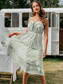 Simplee Tie Neck Frill Trim Belted Ditsy Floral Cami Dress - Green - View 3