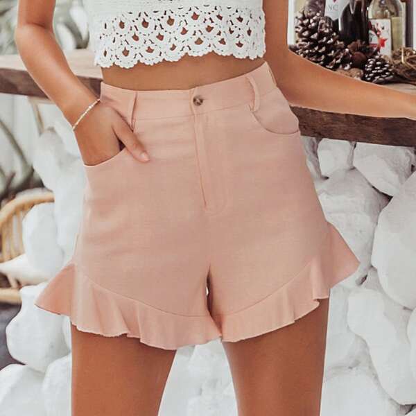 

Simplee Slant Pocket Ruffle Trim Shorts, Pink pastel