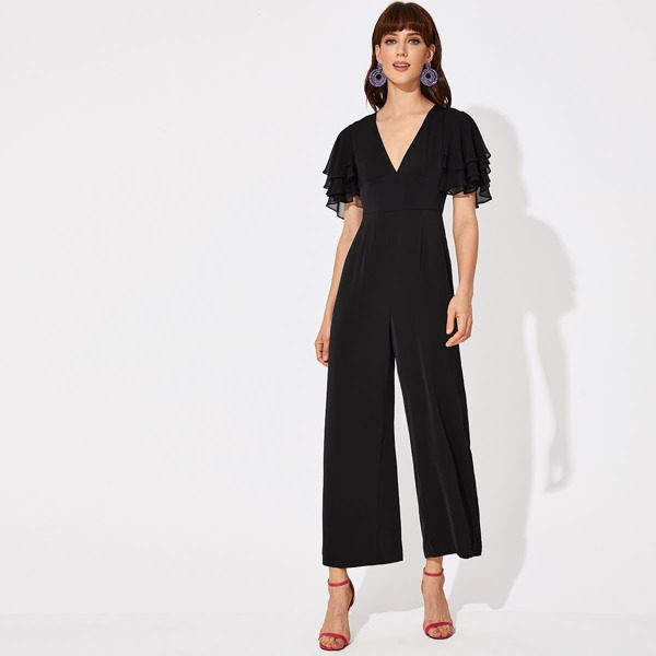

Layered Sleeve Wide Leg Jumpsuit, Black