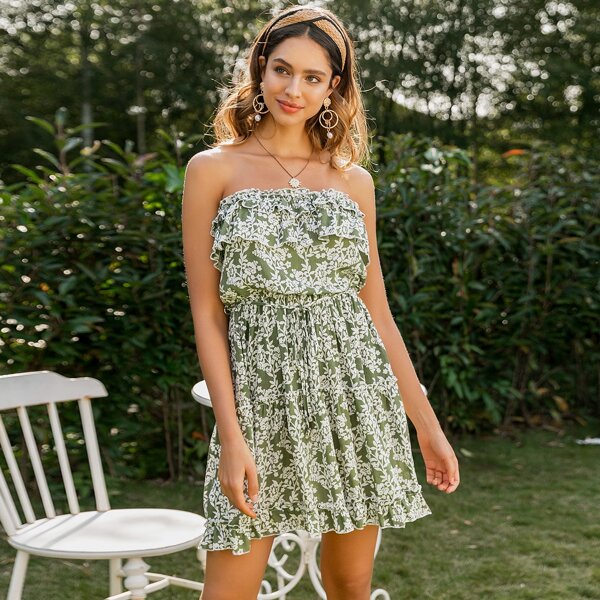 

Simplee Ruffle Trim Belted Floral Tube Dress, Green