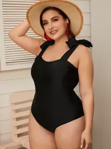 SHEIN Swim Curve Plus Size Tie Shoulder One Piece Swimsuit Summer - Black - View 4