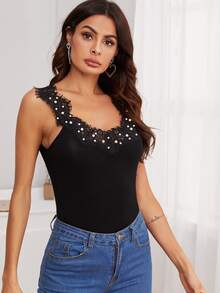 Lace Panel Pearls Beaded Top - Black - View 5