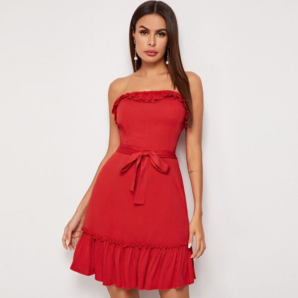 

Self Tie Ruffle Hem Tube Dress, Red