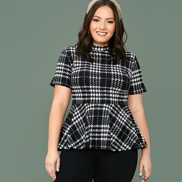 

Plus Plaid Peplum Top, Black and white