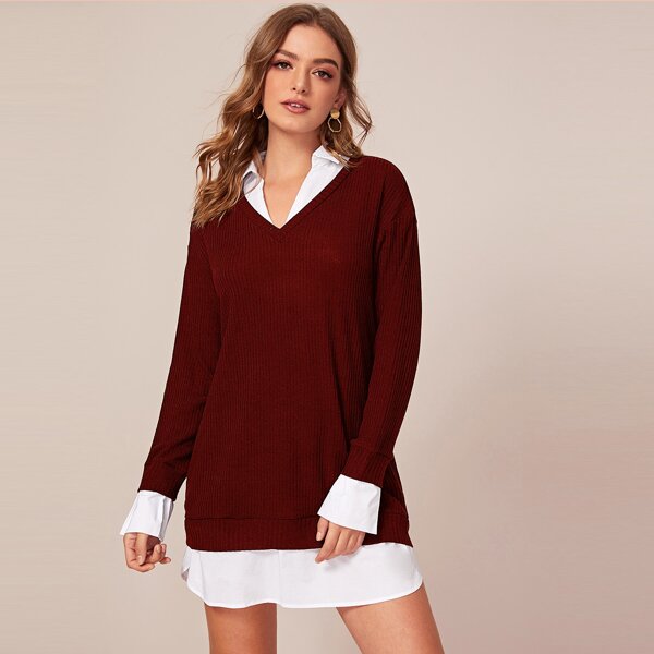 

Collared Curved Hem 2 in 1 Dress, Burgundy