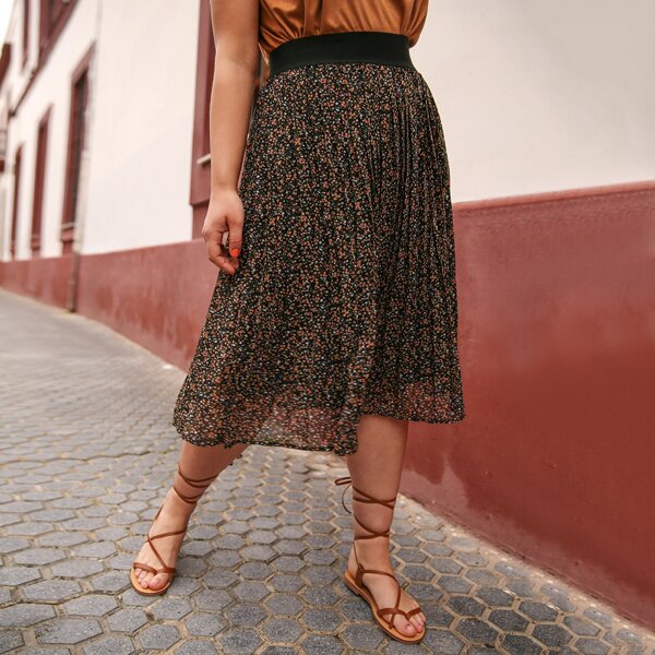 

Plus Wide Waistband Ditsy Floral Pleated Skirt, Multicolor
