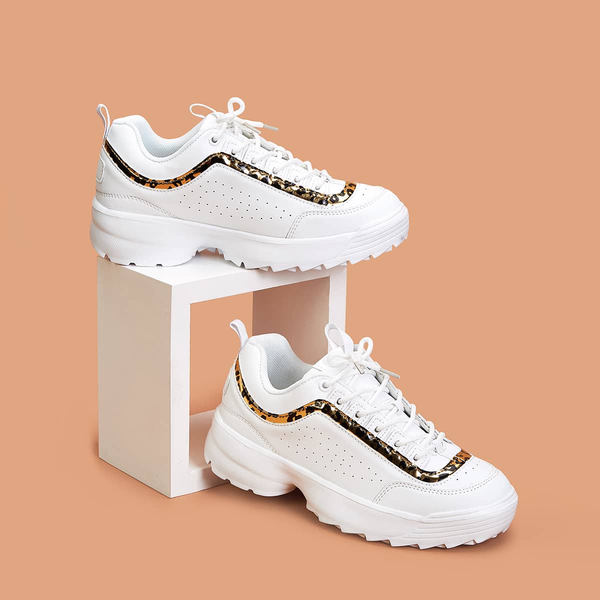 

Contrast Leopard Print Chunky Sneakers, White