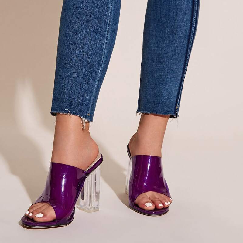 

Transparent Chunky Heeled Mules, Purple