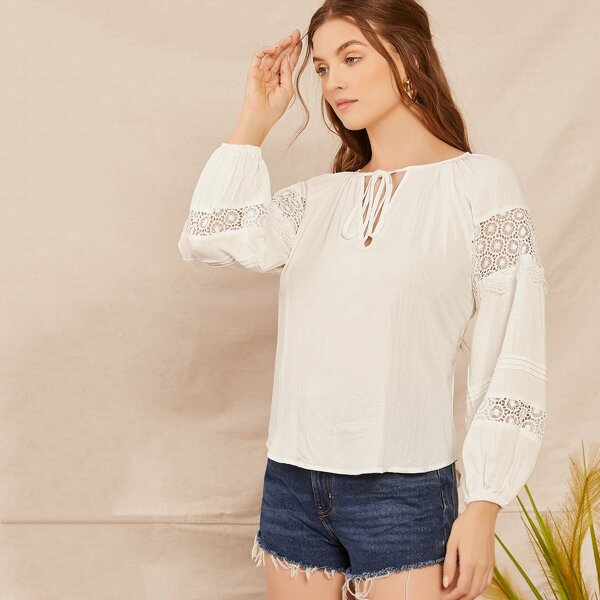 

Long Sleeve Lace Trim Tied Peasant Blouse, White