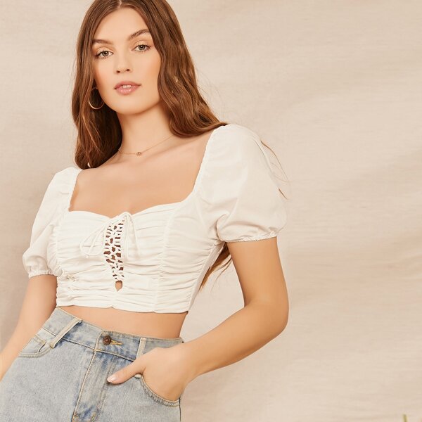 

Lace Front Short Puff Sleeve Crop Peasant Top, White