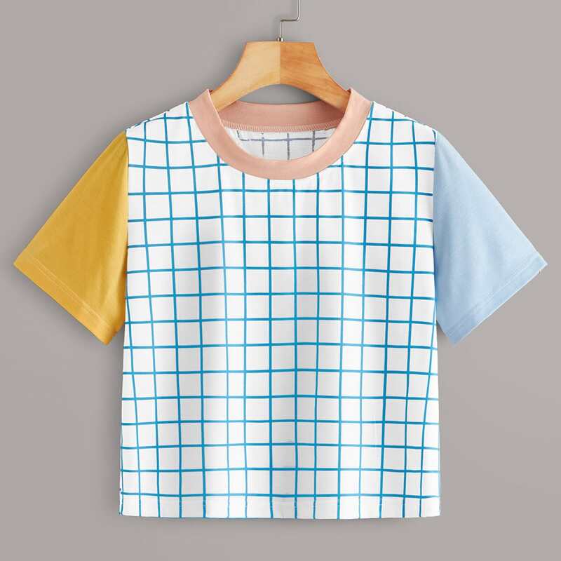 

Contrast Sleeve Plaid Crop Tee, Multicolor