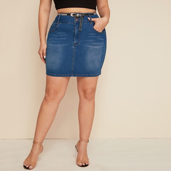 

Plus Button Front Washed Denim Skirt Without Belted, Blue