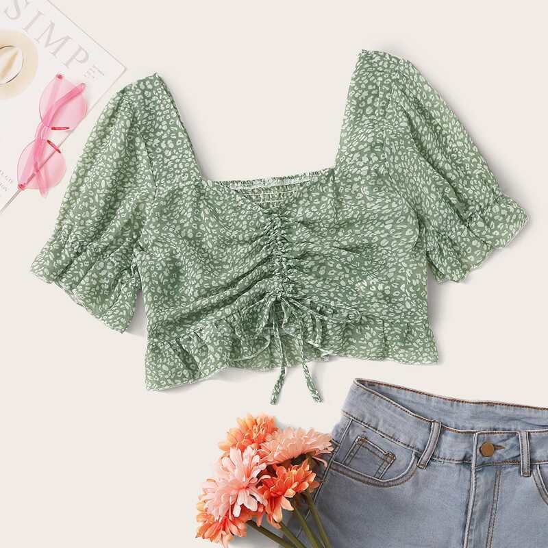 

All Over Print Drawstring Crop Blouse, Green