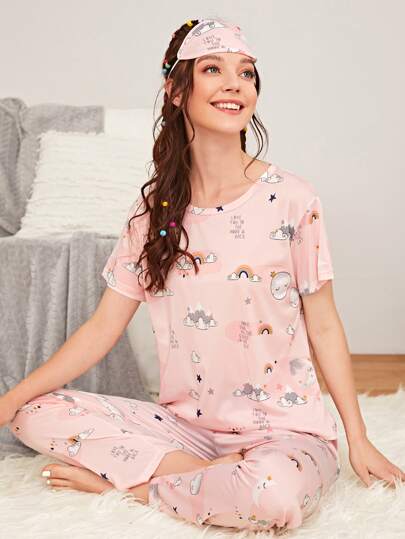 3قطع طقم بيجاما بطبعة كرتونية شاملة غطاء للعين