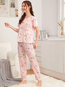 3 件套卡通图案睡衣套装/睡衣套装（带眼罩） - 粉色 - 查看 3