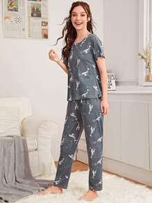 3pcs Dolphin Print PJ Set / Pajama Set With Eye Cover - Grey - View 3