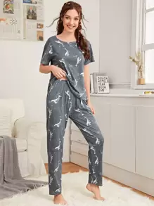 3pcs Dolphin Print PJ Set / Pajama Set With Eye Cover - Grey - View 4