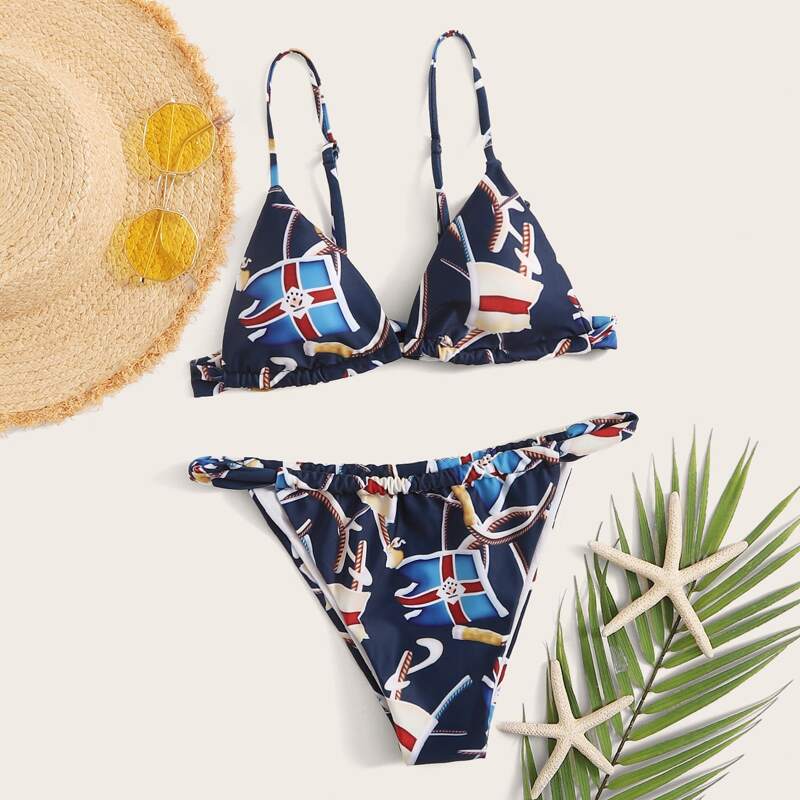 

Geo Print Triangle Tanga Bikini Swimsuit, Multicolor