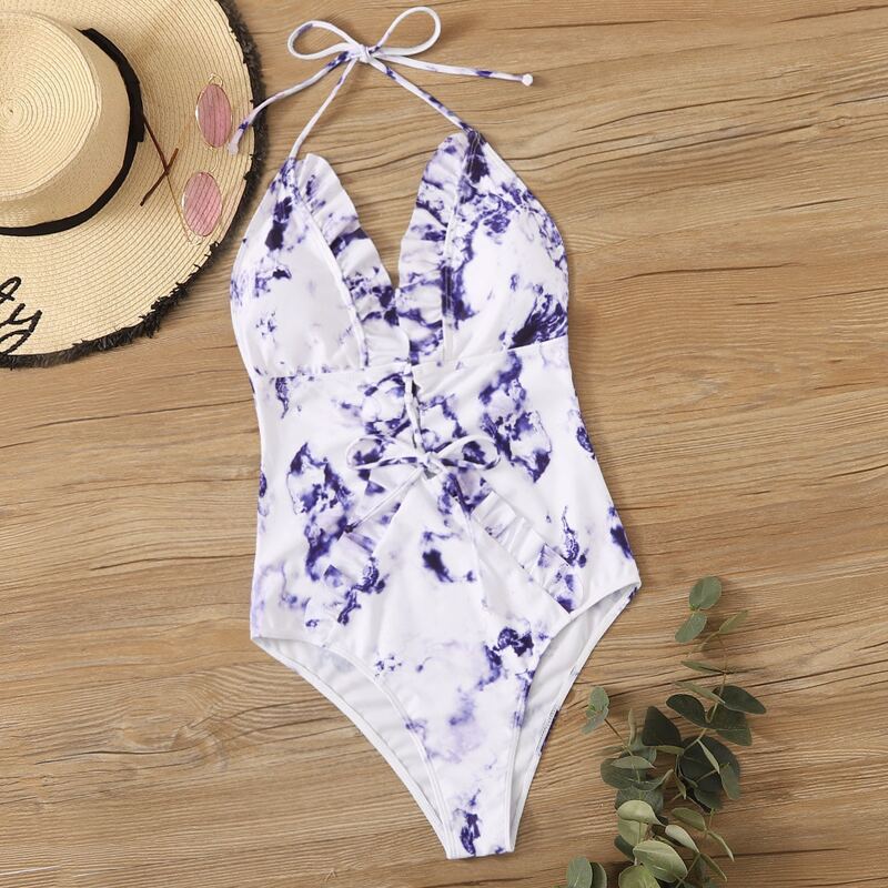

Tie Dye Lace Up Frill One Piece Swimsuit, Multicolor