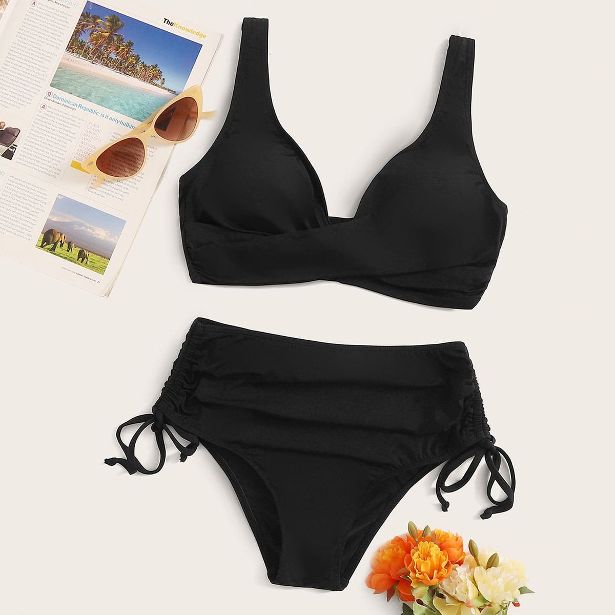 

Black Ruched Drawstring Tie Bikini Swimsuit