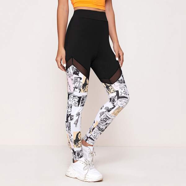 

Contrast Mesh Comic Print Leggings, Black and white
