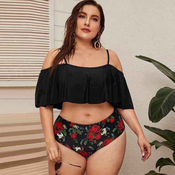 

Plus Floral Flounce High Waisted Bikini Swimsuit, Black