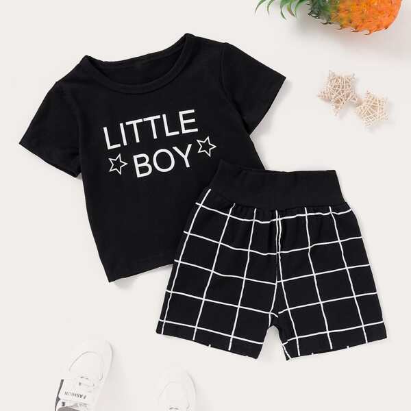 

Baby Boy Letter Graphic Tee & Plaid Shorts, Black