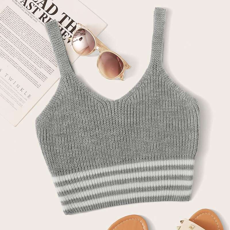 

Striped Crop Knit Top, Grey