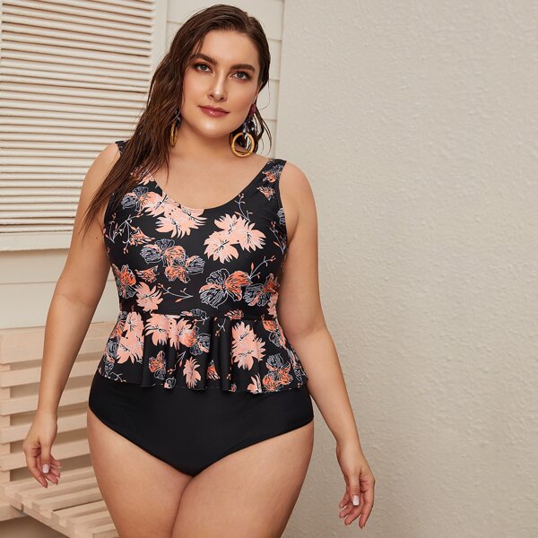 

Бикини размера плюс с цветочным принтом и высокой талией, Многоцветный